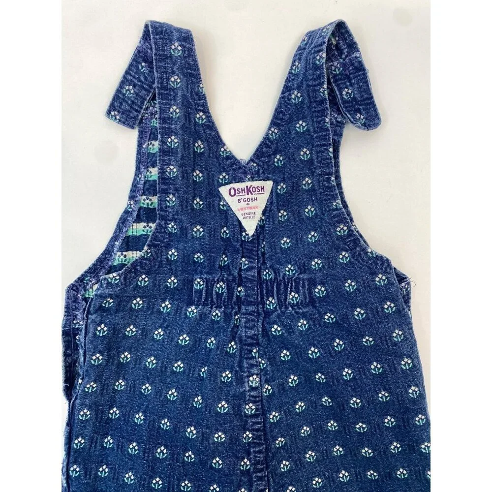 OshKosh B'Gosh Denim Overall Dress Blue Floral Size 4T VTG Made in USA